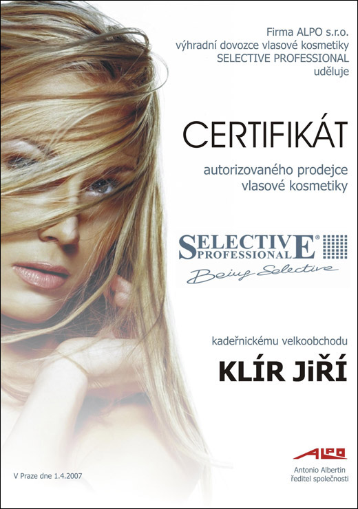 Certifikát - vlasová kosmestika Selective Professional
